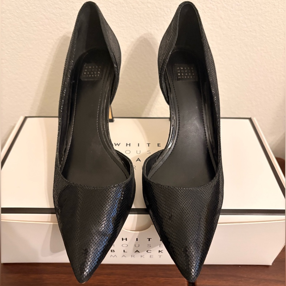 White House Black Market Ella Black Micro Exotic Black Heels